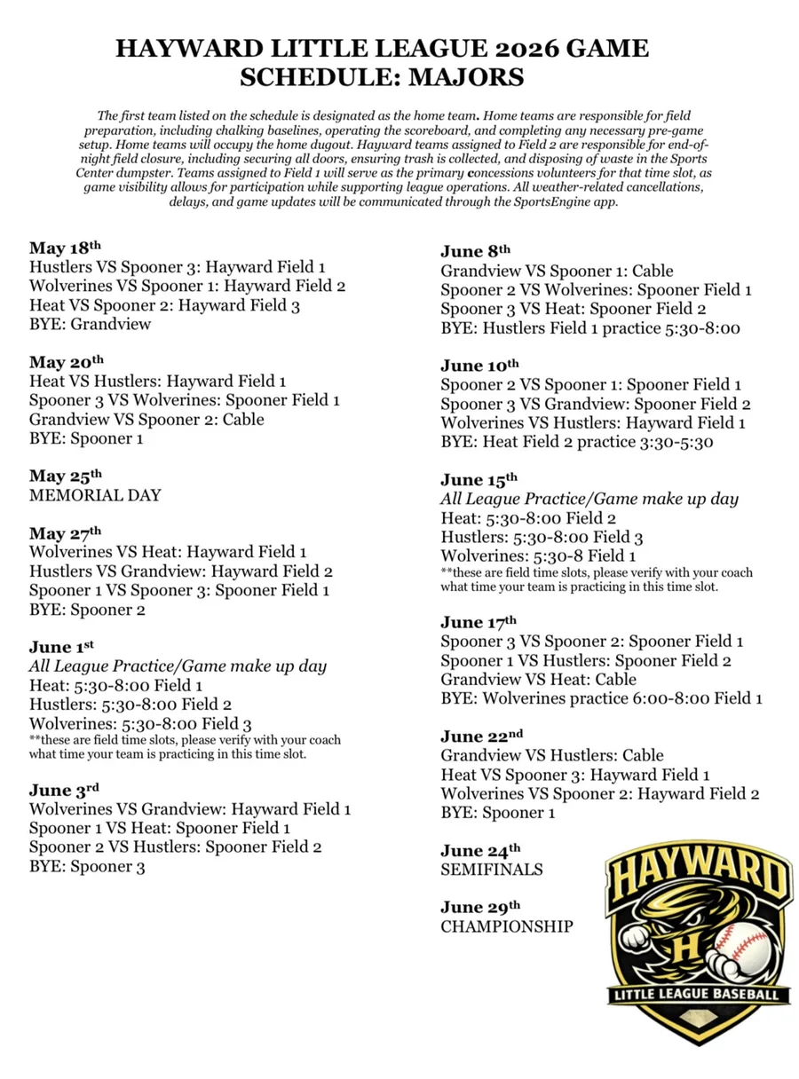 Hayward Little League 2026 Majors Game Schedule